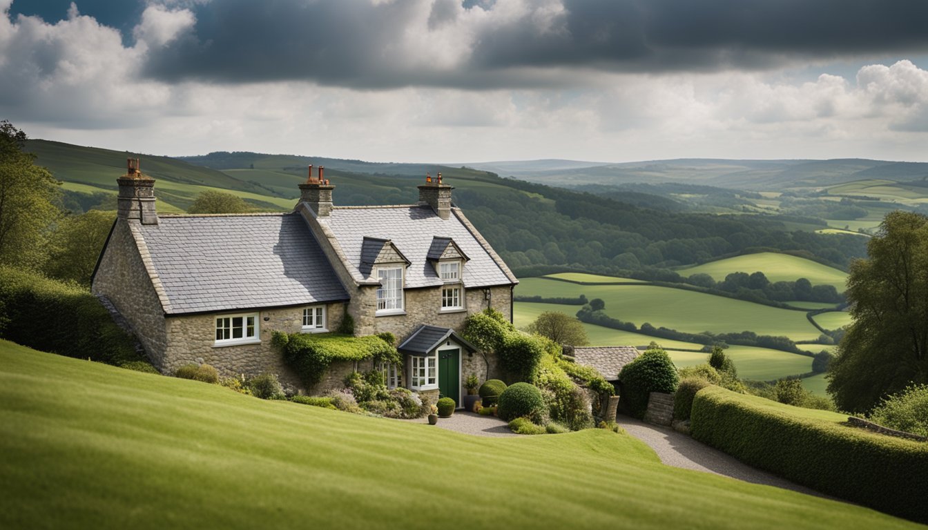 Slate roofs cover UK homes, durable and weather-resistant. A quaint cottage with a sloping slate roof stands amidst rolling green hills under a cloudy sky