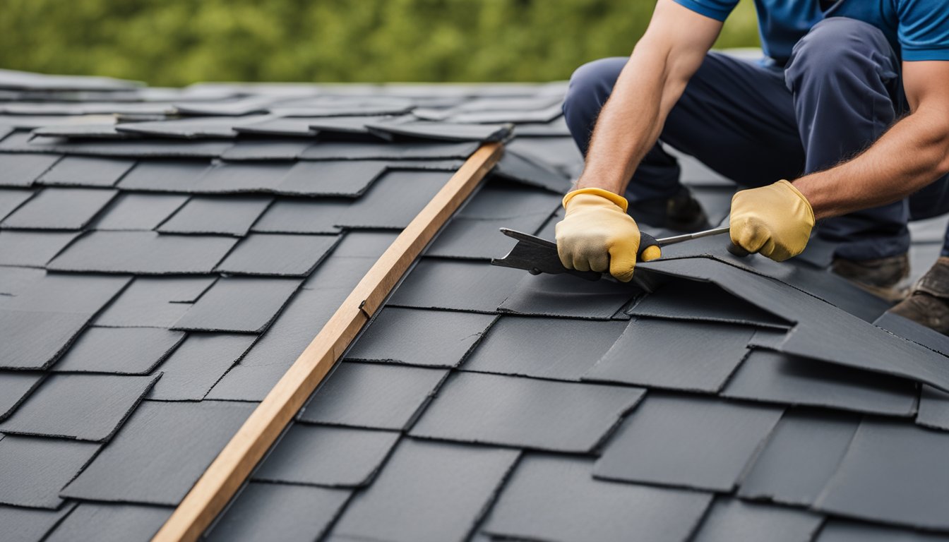 A slate roof being installed on a UK home, with workers carefully laying each slate and ensuring proper alignment. The durability and timeless aesthetic of the material are evident, highlighting the long-term cost advantages