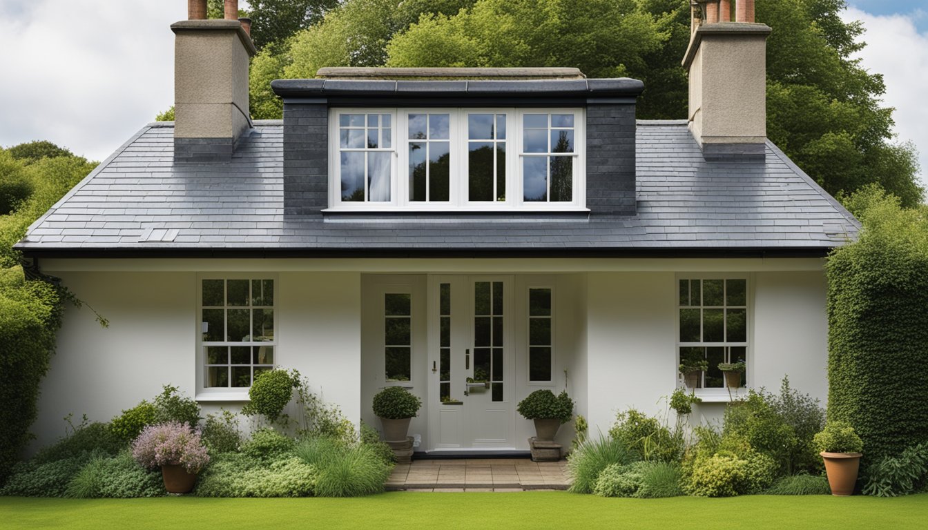 A traditional UK home with a sturdy slate roof, surrounded by greenery and under a clear blue sky