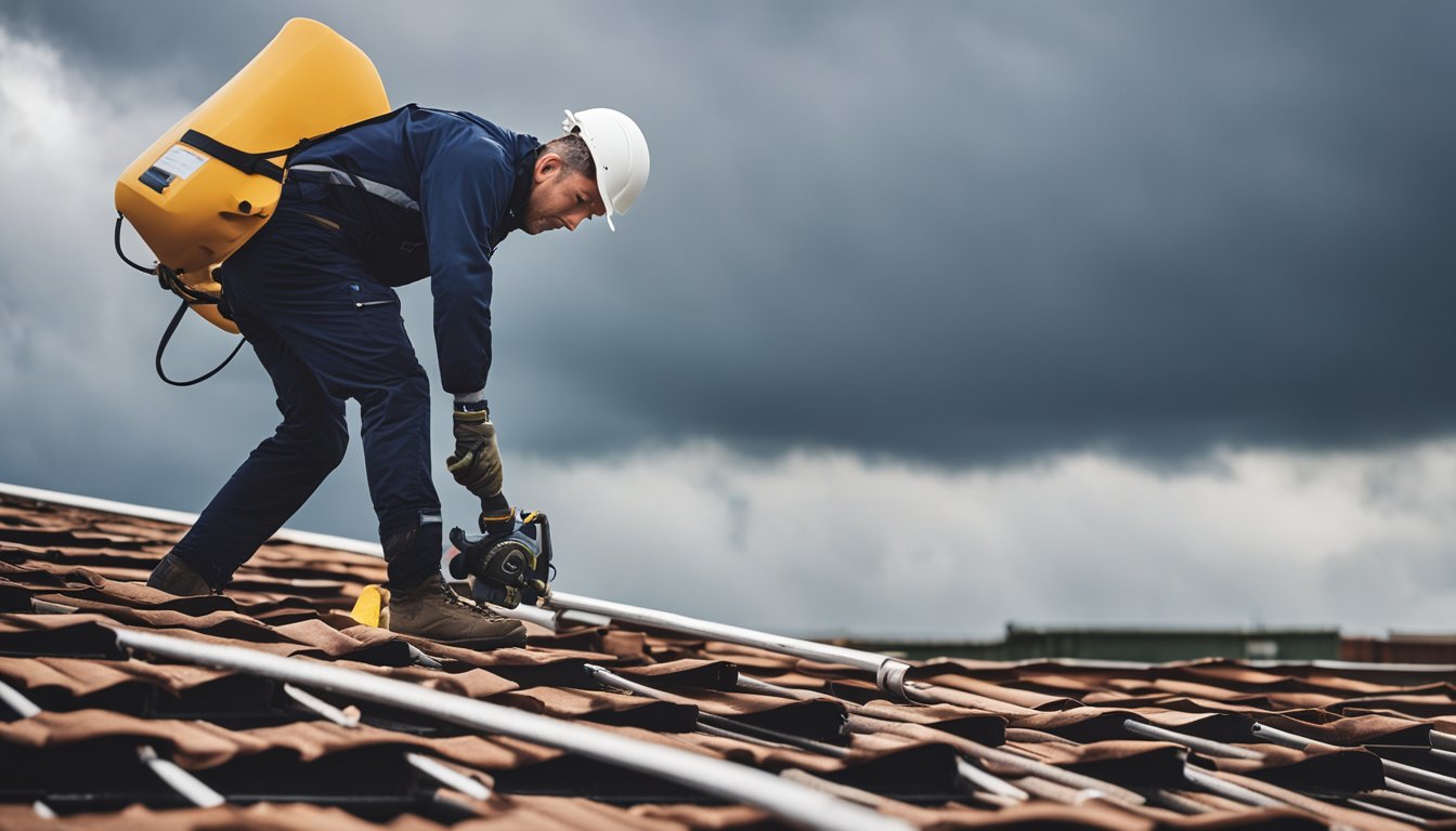 A professional inspecting and reinforcing a sturdy UK roof against harsh weather, using specialized equipment and materials