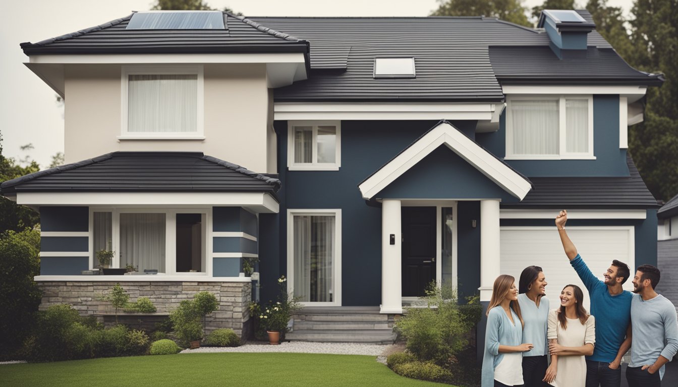 A house with a newly renovated roof, showing before and after comparison, with a happy family enjoying the improved home