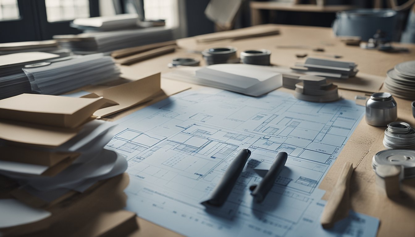 A person stands in front of a variety of roofing materials, planning a renovation for a UK home. Blueprints and tools are scattered on a table nearby