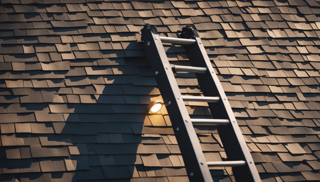 A ladder leaning against a house with shingles scattered on the ground. A person holding a flashlight inspects the roof for damage