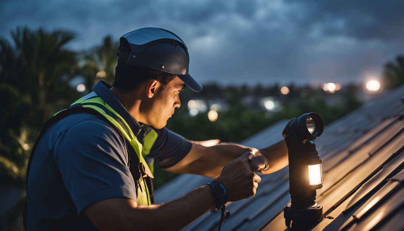 The inspector shines a flashlight on the interior roof, checking for water stains, leaks, and any signs of damage after the storm