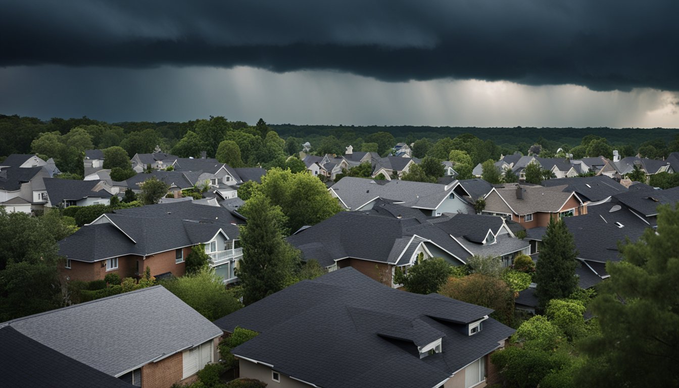 Dark storm clouds loom over a suburban neighborhood. Debris and fallen branches litter the roofs of houses. A person in the distance inspects their roof for damage