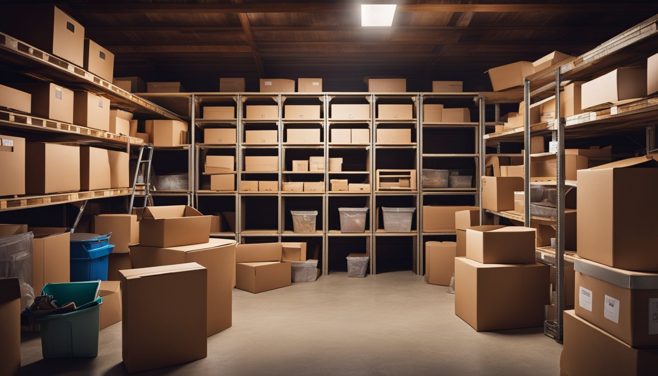 A cluttered attic is transformed into an organized storage space with labeled boxes and shelves, utilizing every inch of available space