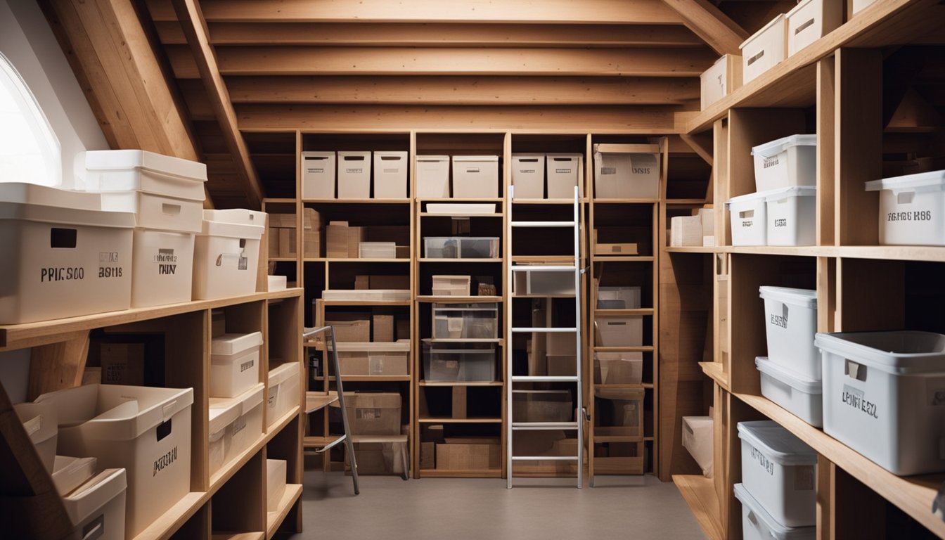 The attic is neatly organized with labeled storage bins and shelves. Boxes and items are stacked to maximize space. A ladder leads up to the attic entrance