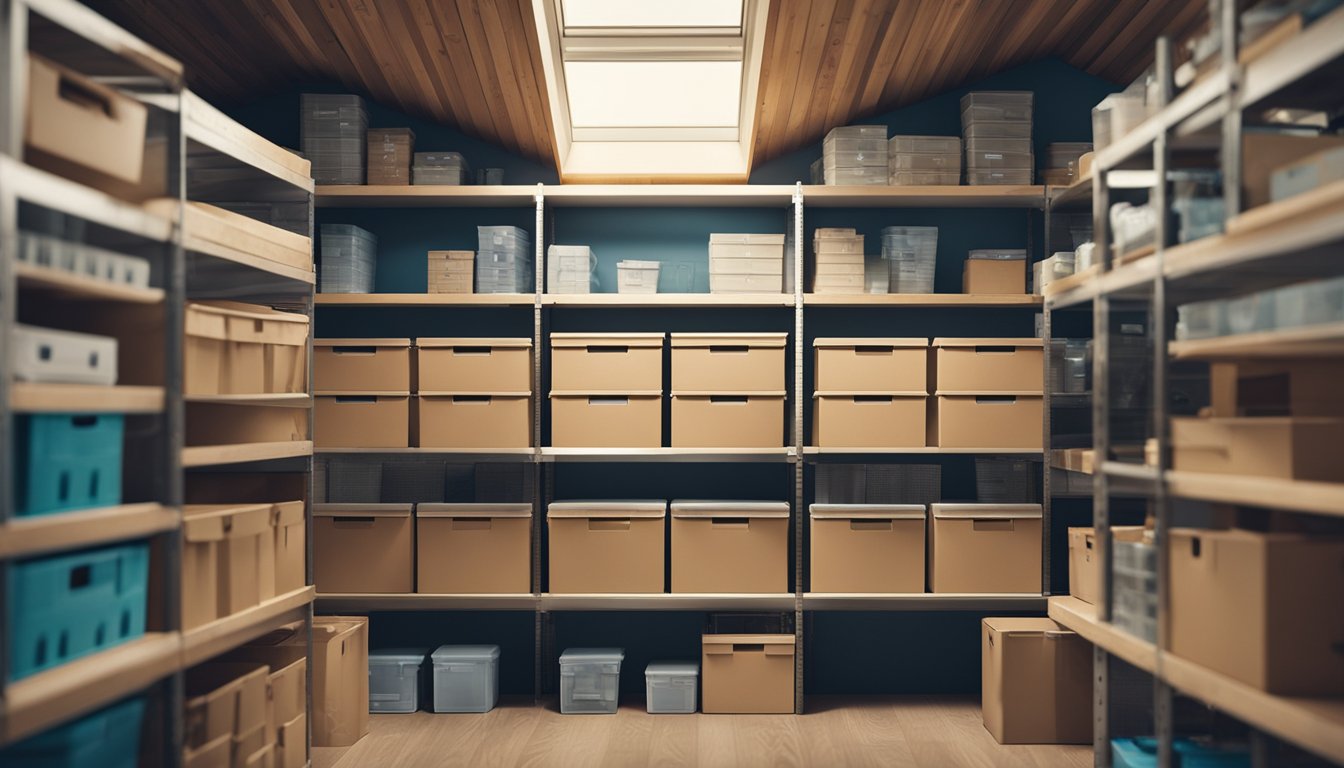 Attic with neatly organized storage boxes and shelves, utilizing maximum space