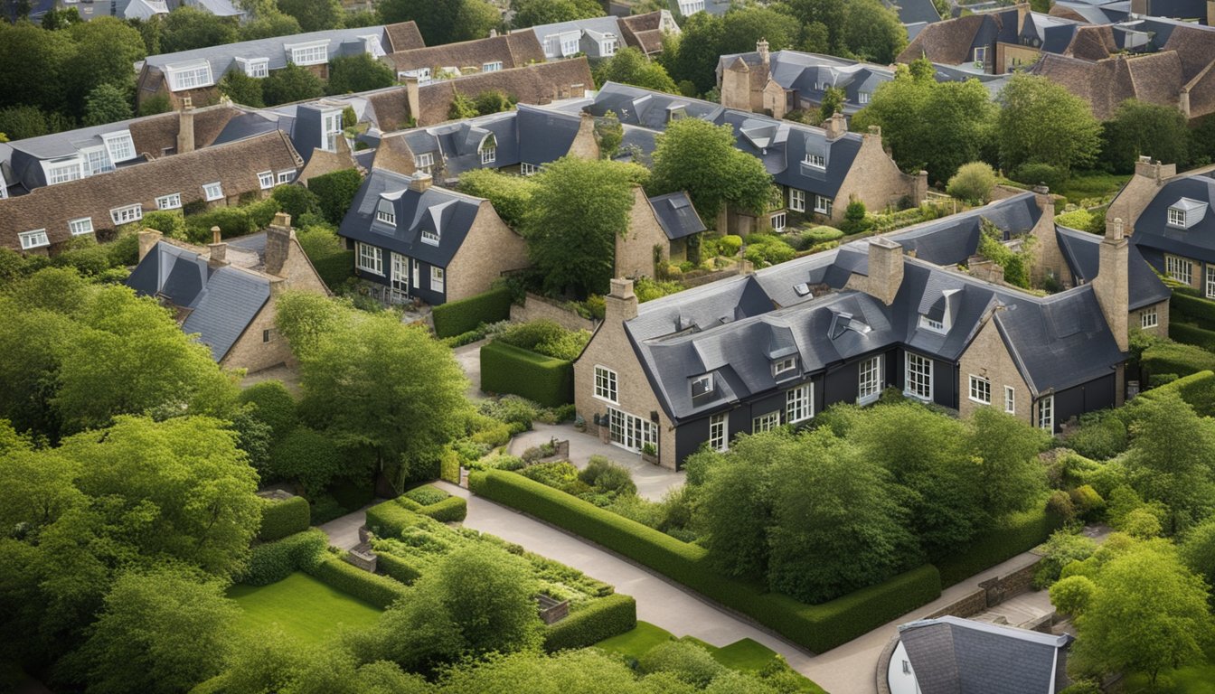 Aerial view of buildings with lush greenery on their rooftops, showcasing the eco-friendly benefits of green roofs in the UK