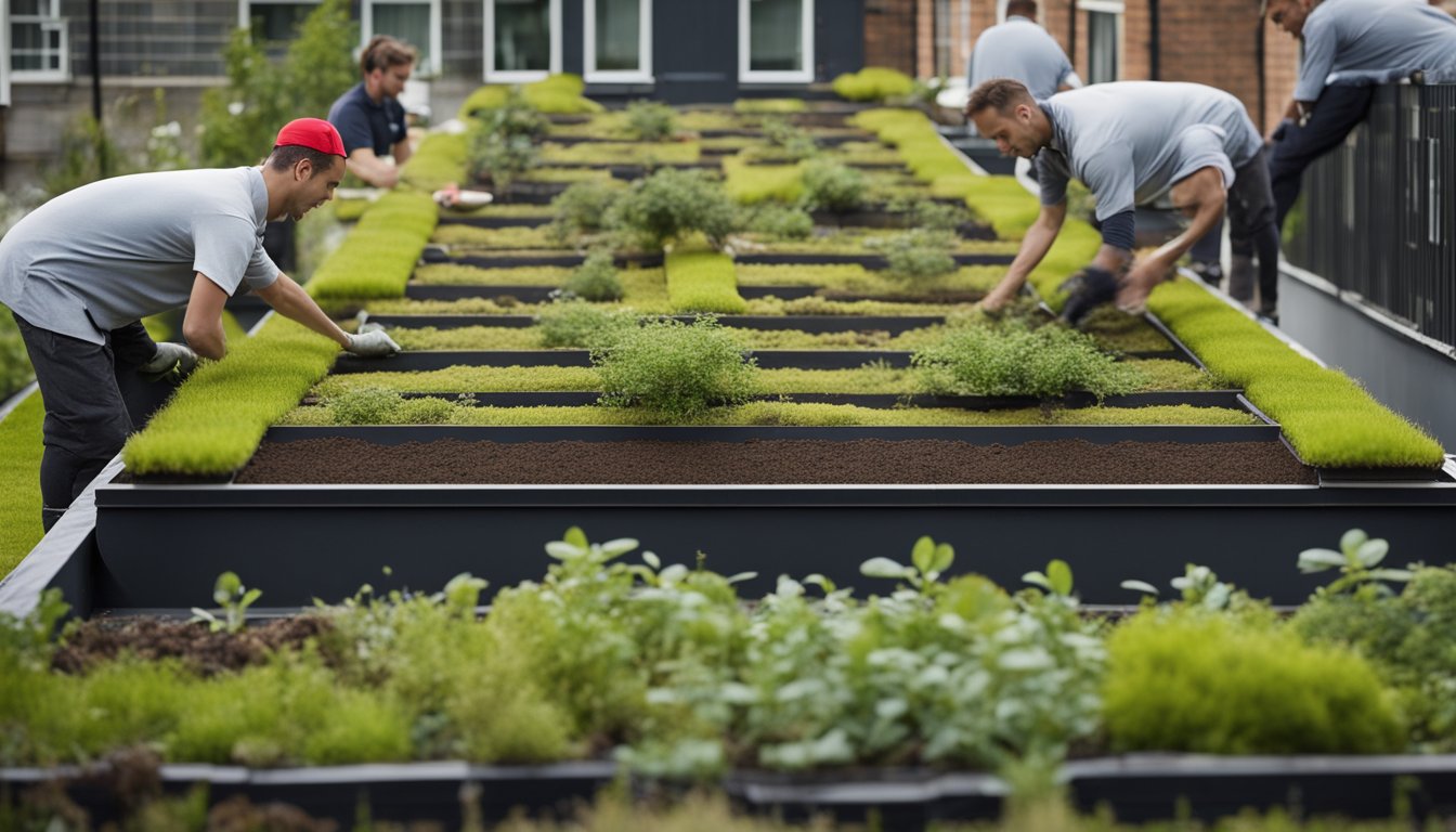 A green roof being installed on a building in the UK, with workers laying down layers of soil, plants, and drainage systems. The finished green roof provides eco-friendly benefits to the environment