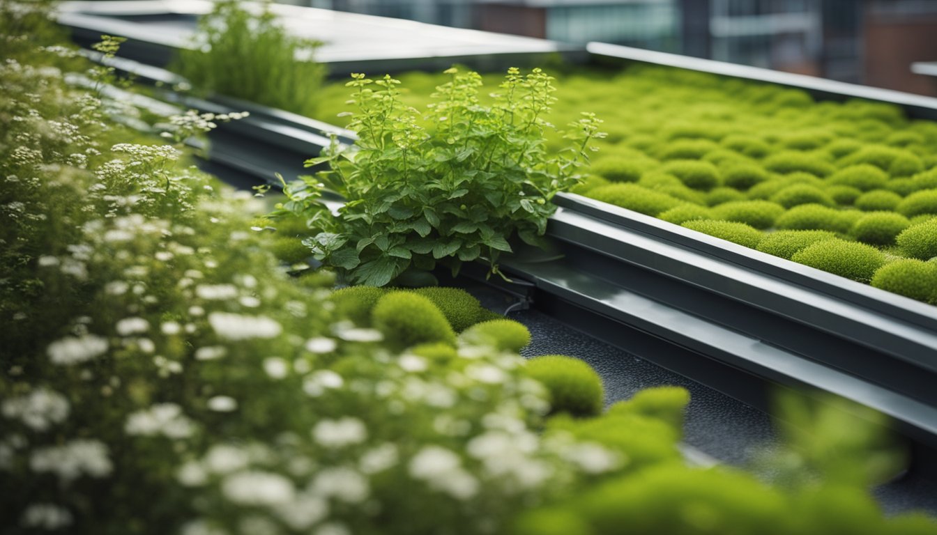 A lush green roof sits atop a modern UK building, absorbing rainwater and reducing urban heat. Wildlife thrives in the eco-friendly habitat