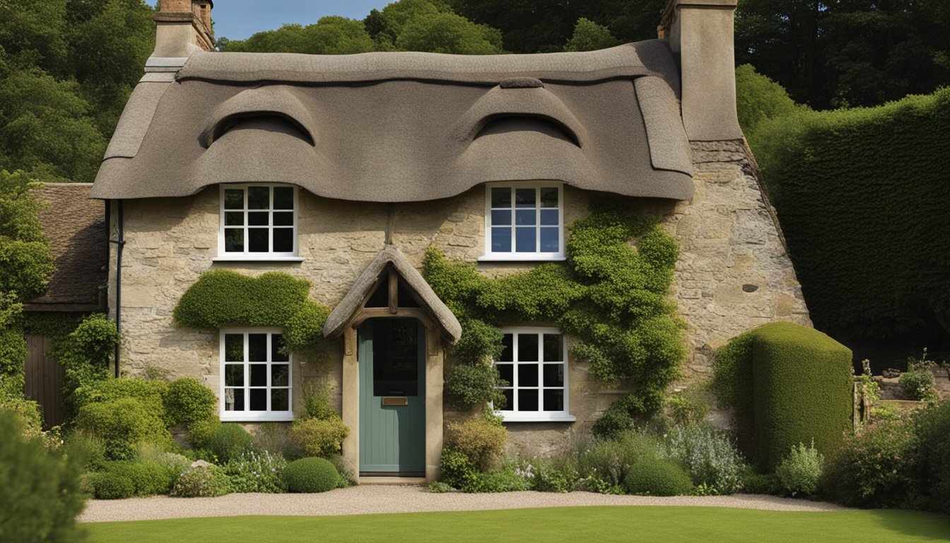 A historic UK home with a thatched roof, surrounded by traditional stone and timber materials. A roofer carefully restoring the roof using traditional techniques and materials