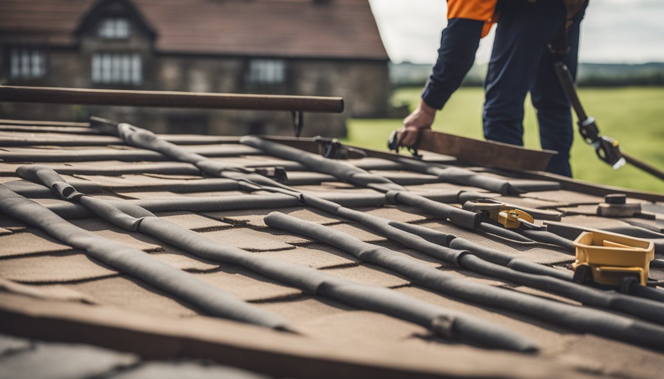 Roof restoration tools and materials laid out on a historic UK home's roof, with a worker in the background