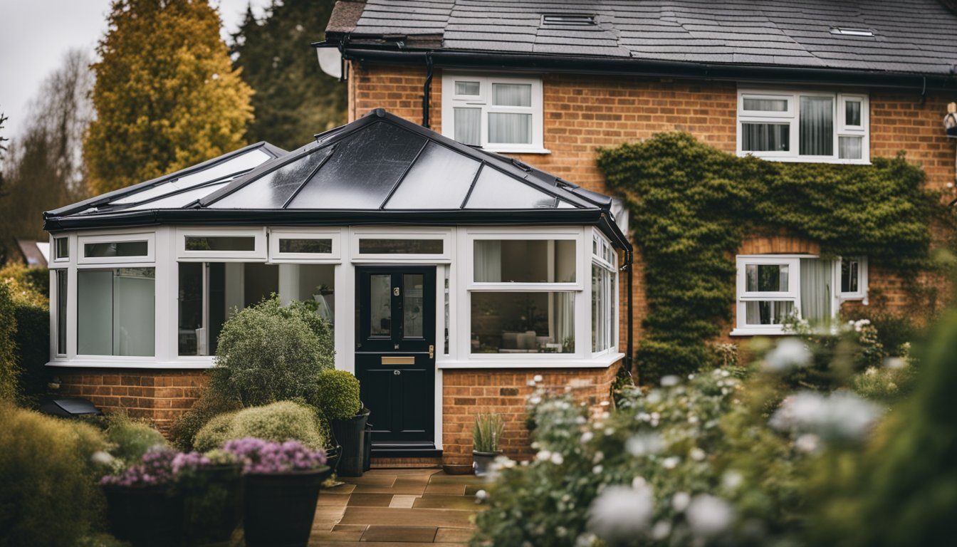 A cozy UK home with a freshly coated roof, rainwater effortlessly rolling off the surface, protecting the house from the elements