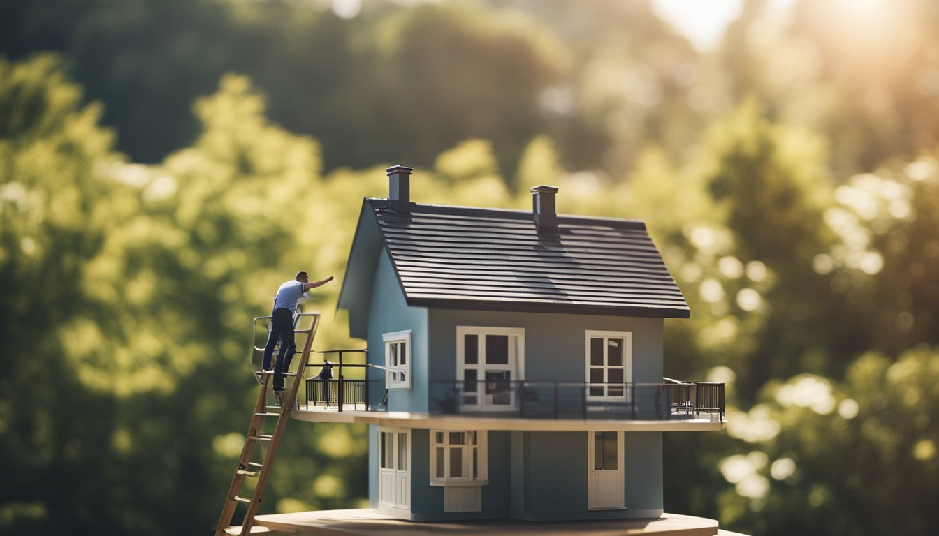 A sunny day with a house in the background, a roof being coated with a protective layer, a ladder, and a person working