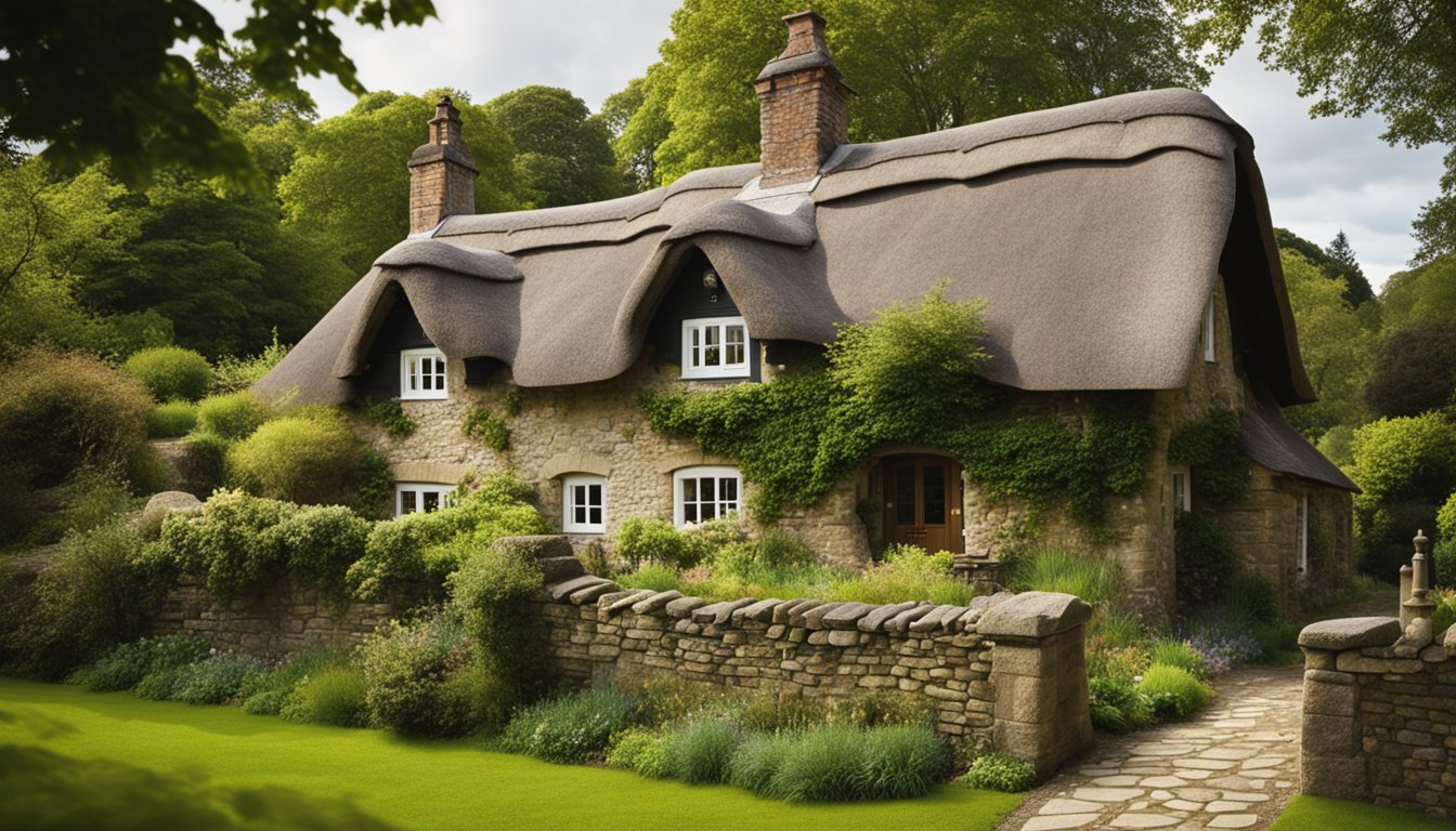 A thatched roof cottage nestled in a lush countryside, surrounded by stone walls and cobblestone pathways, showcasing the traditional and historical roofing materials of the UK