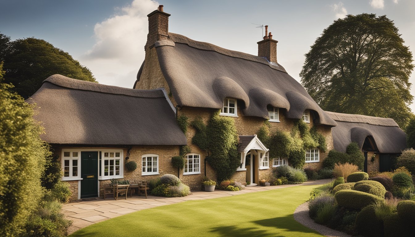 A traditional British building with unique roofing materials, such as thatched roofs or clay tiles, set against a picturesque countryside backdrop