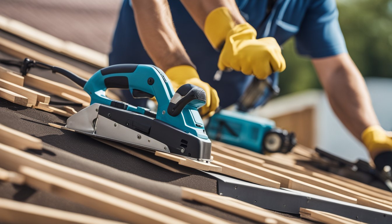 A house with a new, cost-effective roof being installed by workers using modern materials and tools