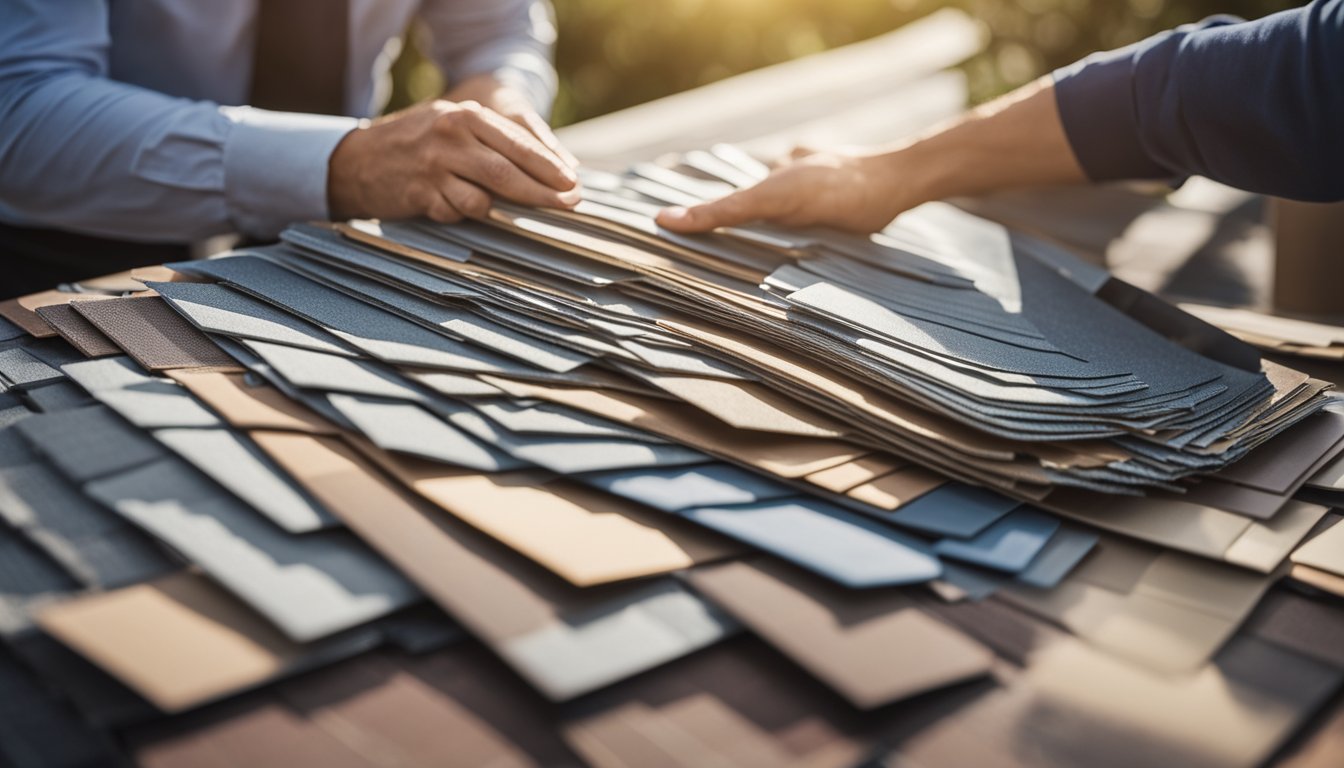 A homeowner comparing different roofing materials, with price tags and durability charts displayed on a table. Various samples of shingles, tiles, and metal sheets are laid out for inspection