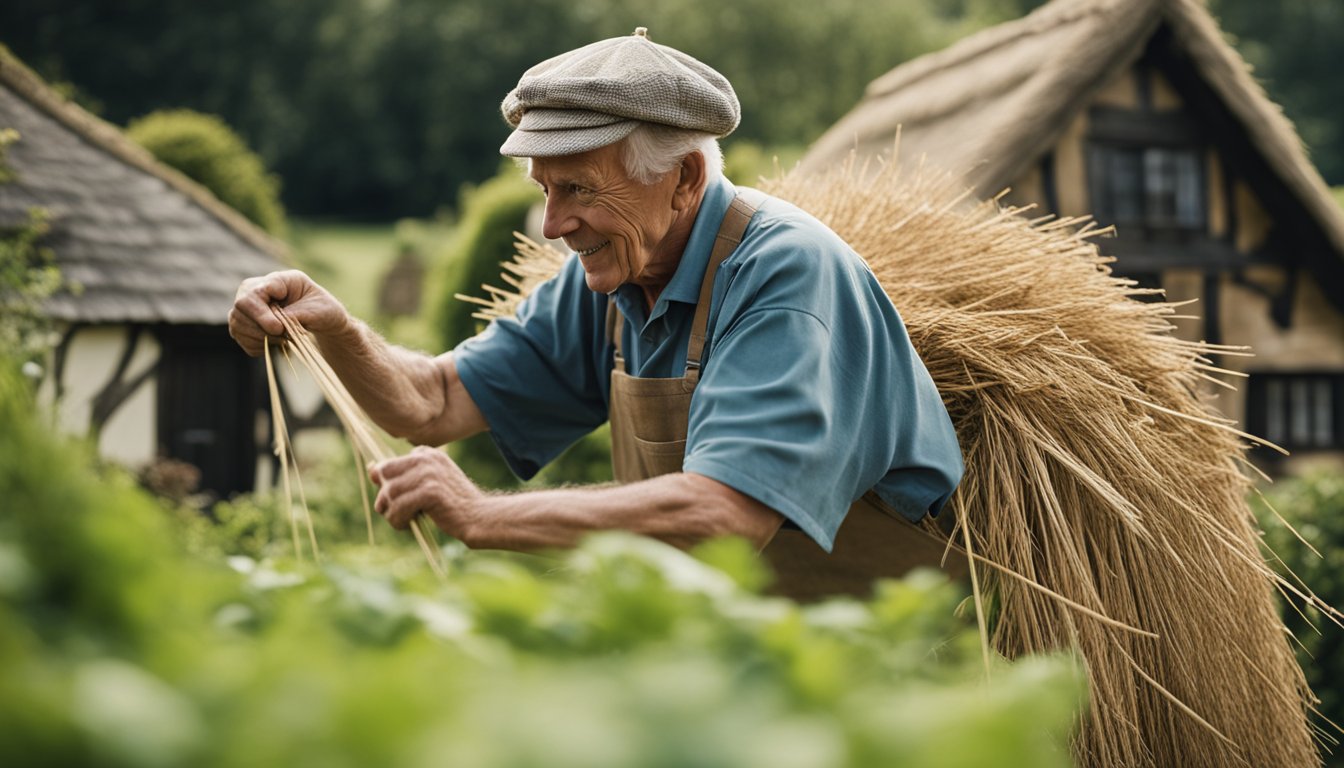 An elderly thatcher skillfully weaves straw into a steeply pitched roof, surrounded by lush green countryside and a quaint English cottage