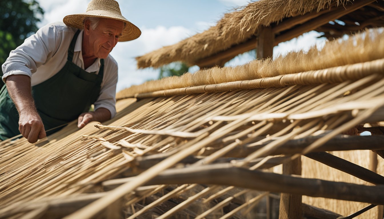 A thatcher carefully weaves long straw over a wooden roof frame, using traditional techniques to create a durable and weather-resistant thatched roof for a UK home