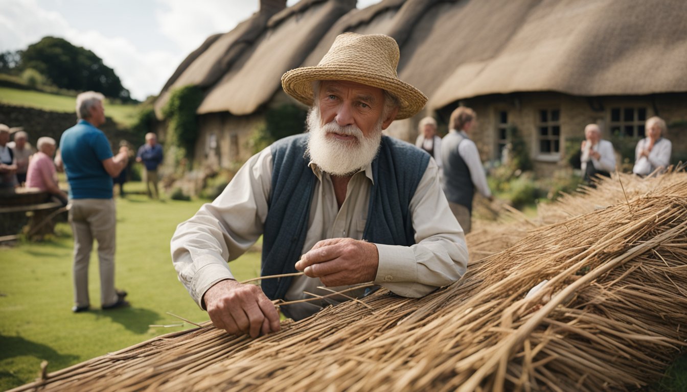 An older man demonstrates traditional thatching techniques on a historic UK home, surrounded by onlookers and a picturesque countryside backdrop