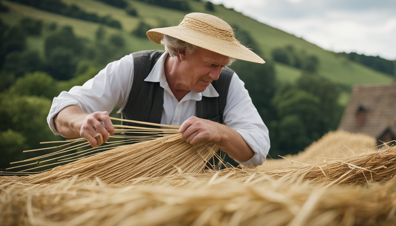 A thatcher skillfully weaves long straw onto a steeply pitched roof, using traditional techniques. The picturesque English countryside provides a backdrop