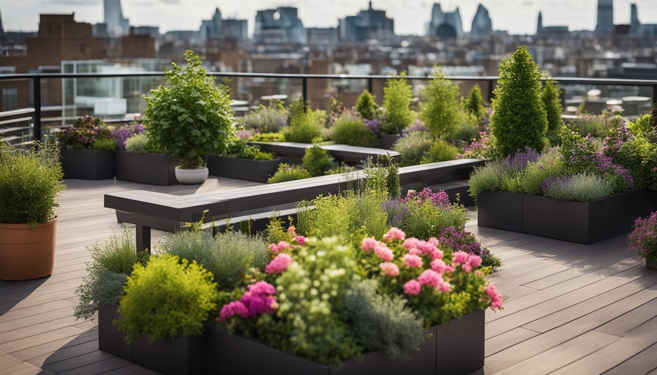 Lush greenery and vibrant flowers adorn a spacious rooftop terrace with comfortable seating, a dining area, and a small water feature, all overlooking the urban landscape of a UK city