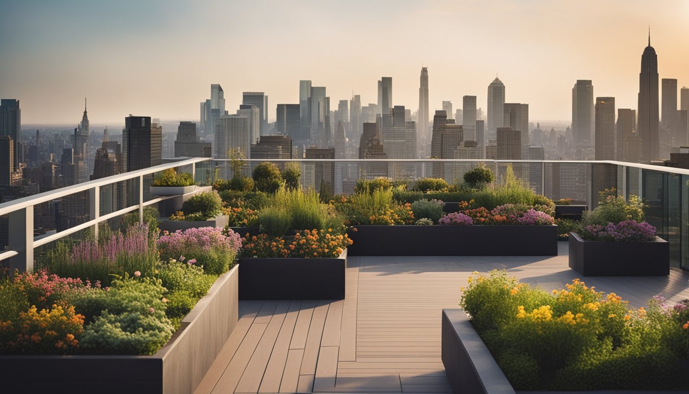 A rooftop garden with potted plants, seating area, and a pergola, surrounded by a variety of flowering shrubs and trees, overlooking the city skyline