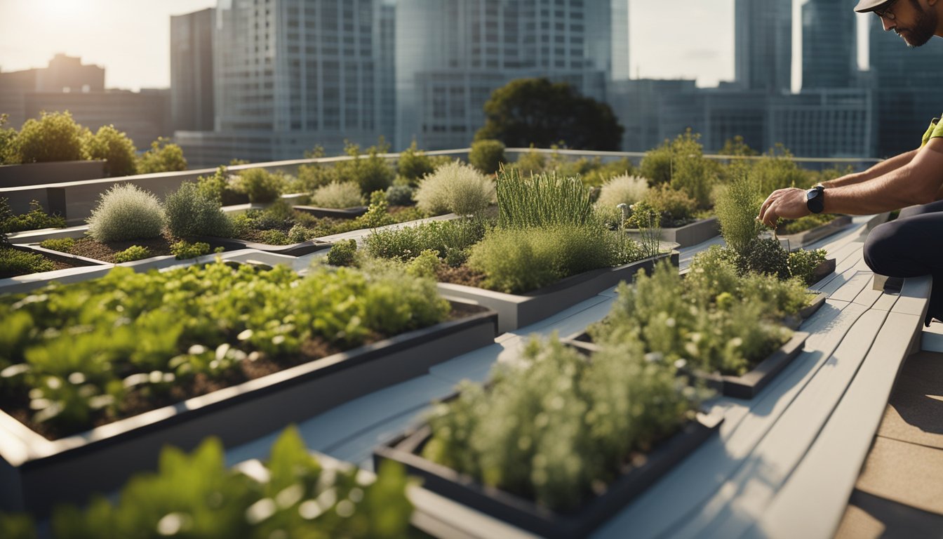 A landscape architect measures and plans a rooftop garden, selecting plants and laying out pathways