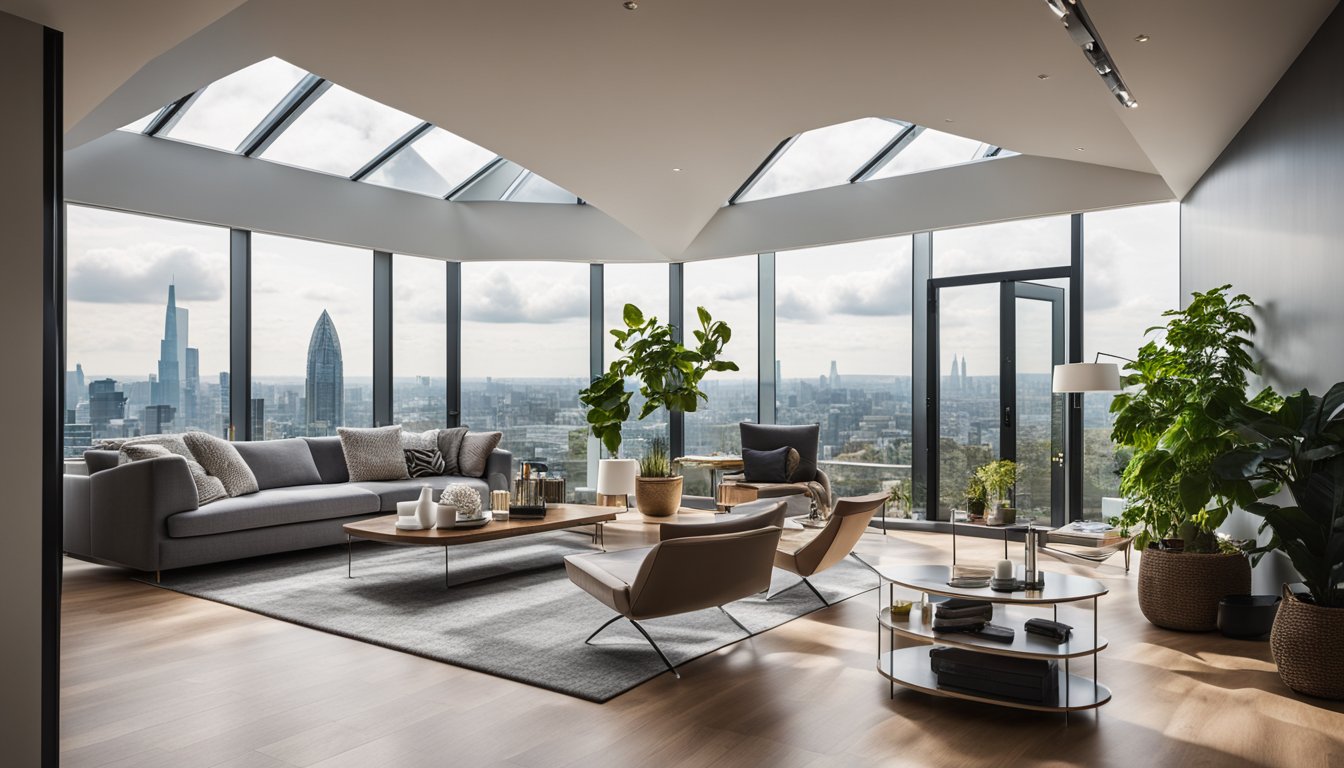 A modern living room with a large skylight, casting natural light onto sleek furniture and plants. The UK skyline is visible through the window