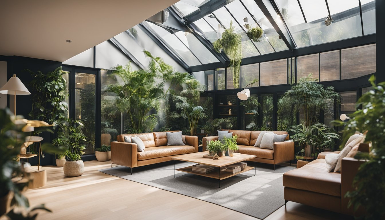 A cozy living room with natural light streaming in through a modern skylight. Plants thrive in the bright space, and the room feels open and inviting