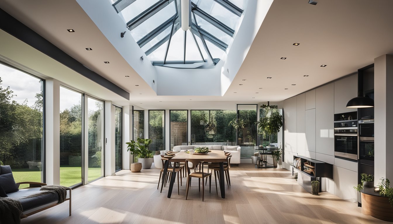 A modern UK home with innovative skylight designs, casting natural light into various rooms