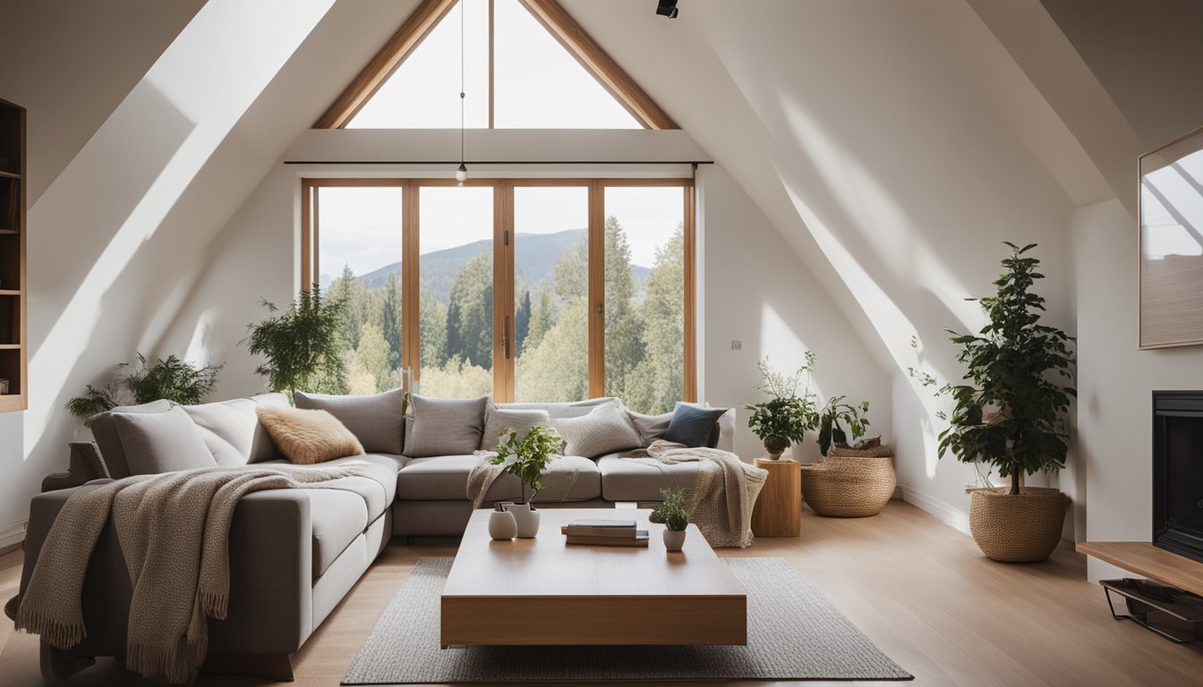 A cozy living room with natural light streaming in through a roof window, illuminating the space and creating a warm and inviting atmosphere