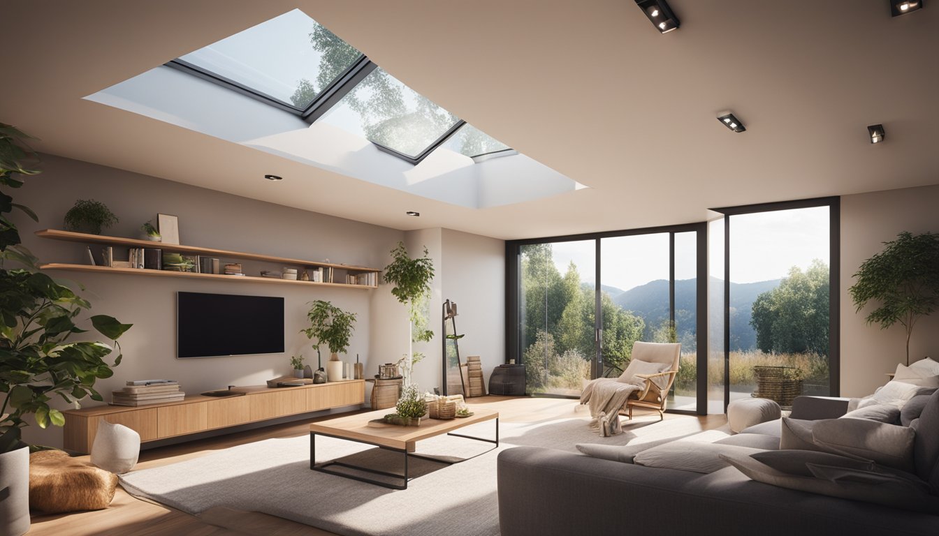 A cozy living room with a roof window, integrated seamlessly into the ceiling, allowing natural light to flood the space