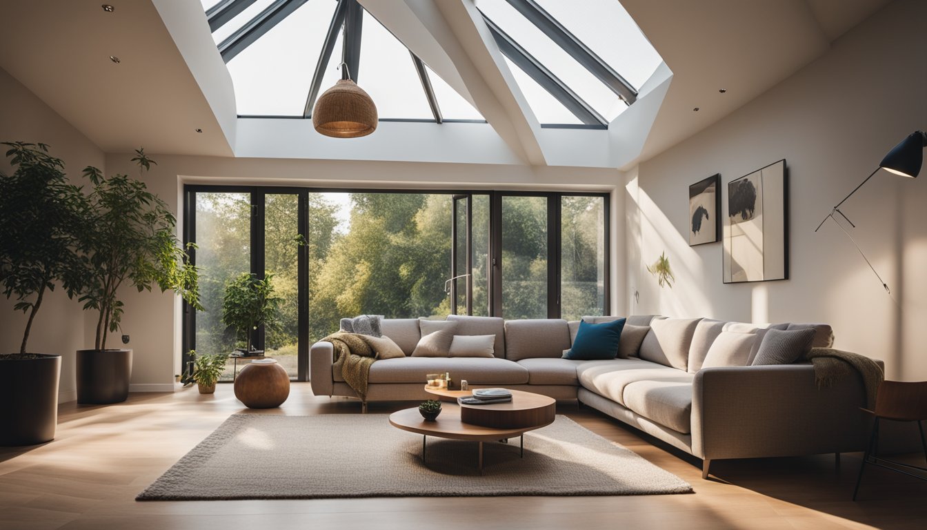 A cozy living room with natural light flooding in through a roof window, illuminating the space and creating a warm and inviting atmosphere