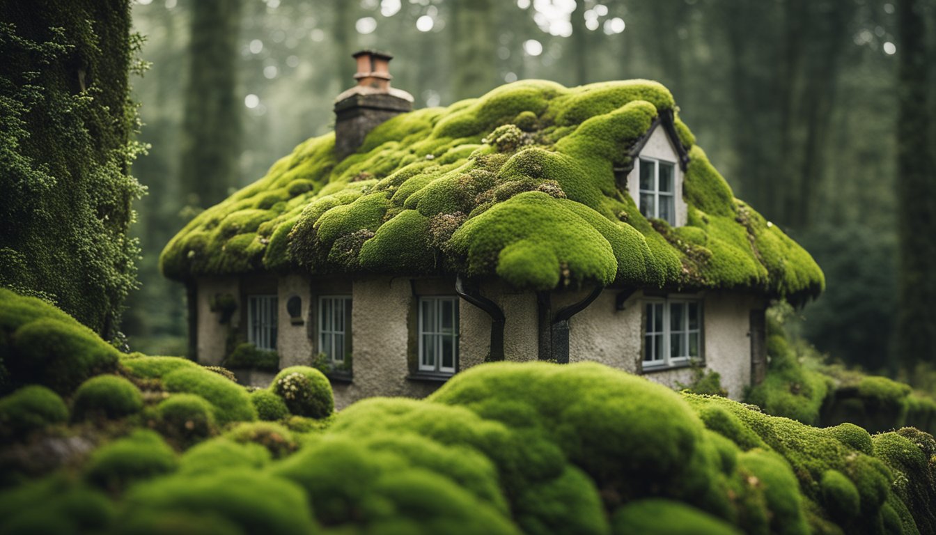 A UK home with moss and lichen covering the roof, surrounded by damp and shaded areas