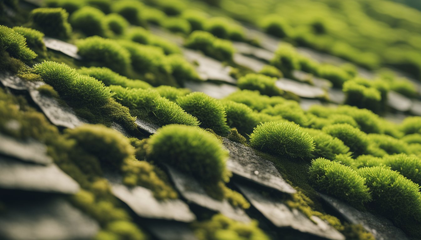 A sloping roof covered in green moss and lichen, with patches of different shades and textures