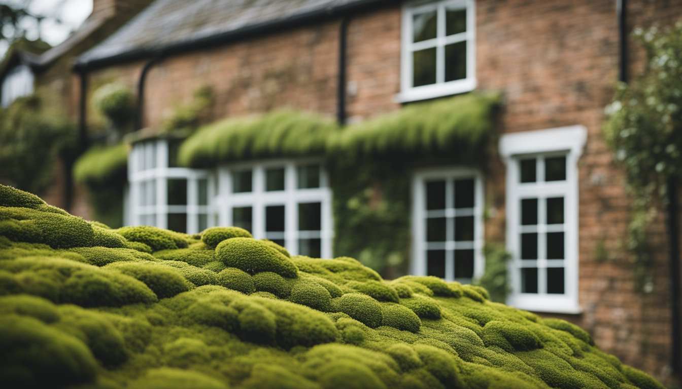 A moss-covered roof with patches of lichen, set against a backdrop of a traditional UK home