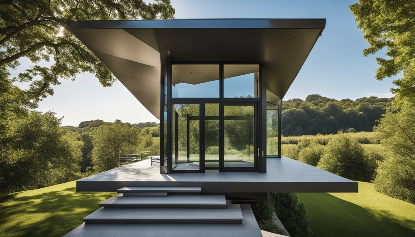 A sleek, angular roof with large windows and clean lines, set against a backdrop of greenery and a clear blue sky