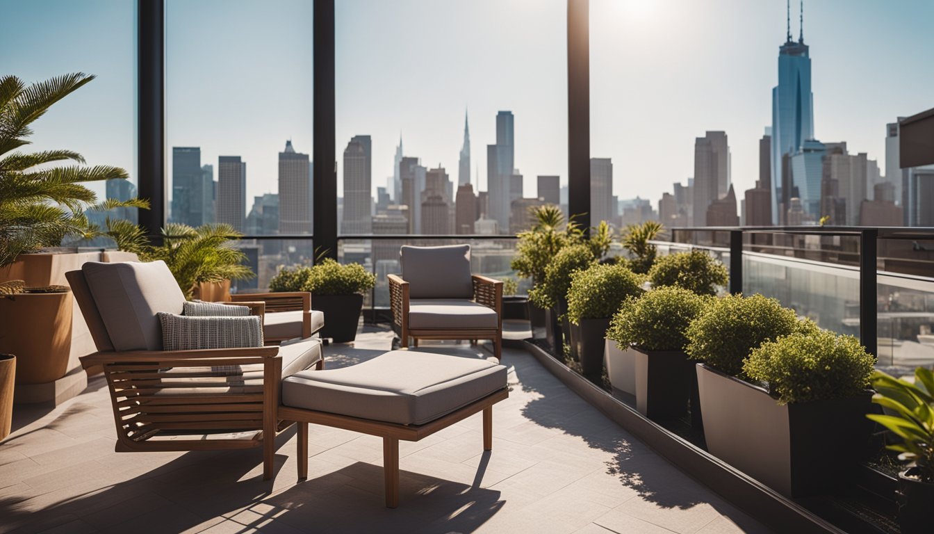 A sunny rooftop with lounge chairs, potted plants, and a small dining area overlooking the city skyline