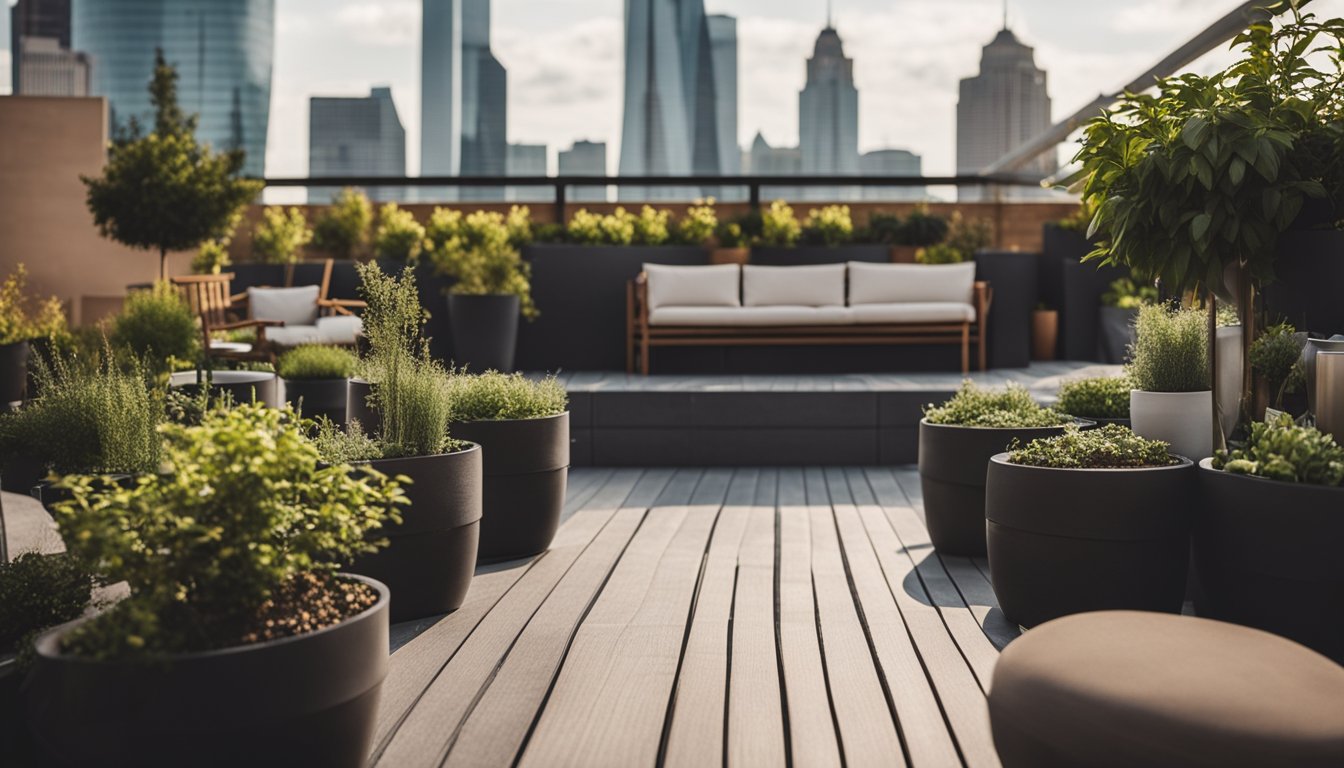 A cozy rooftop garden with seating, plants, and a view of the city skyline