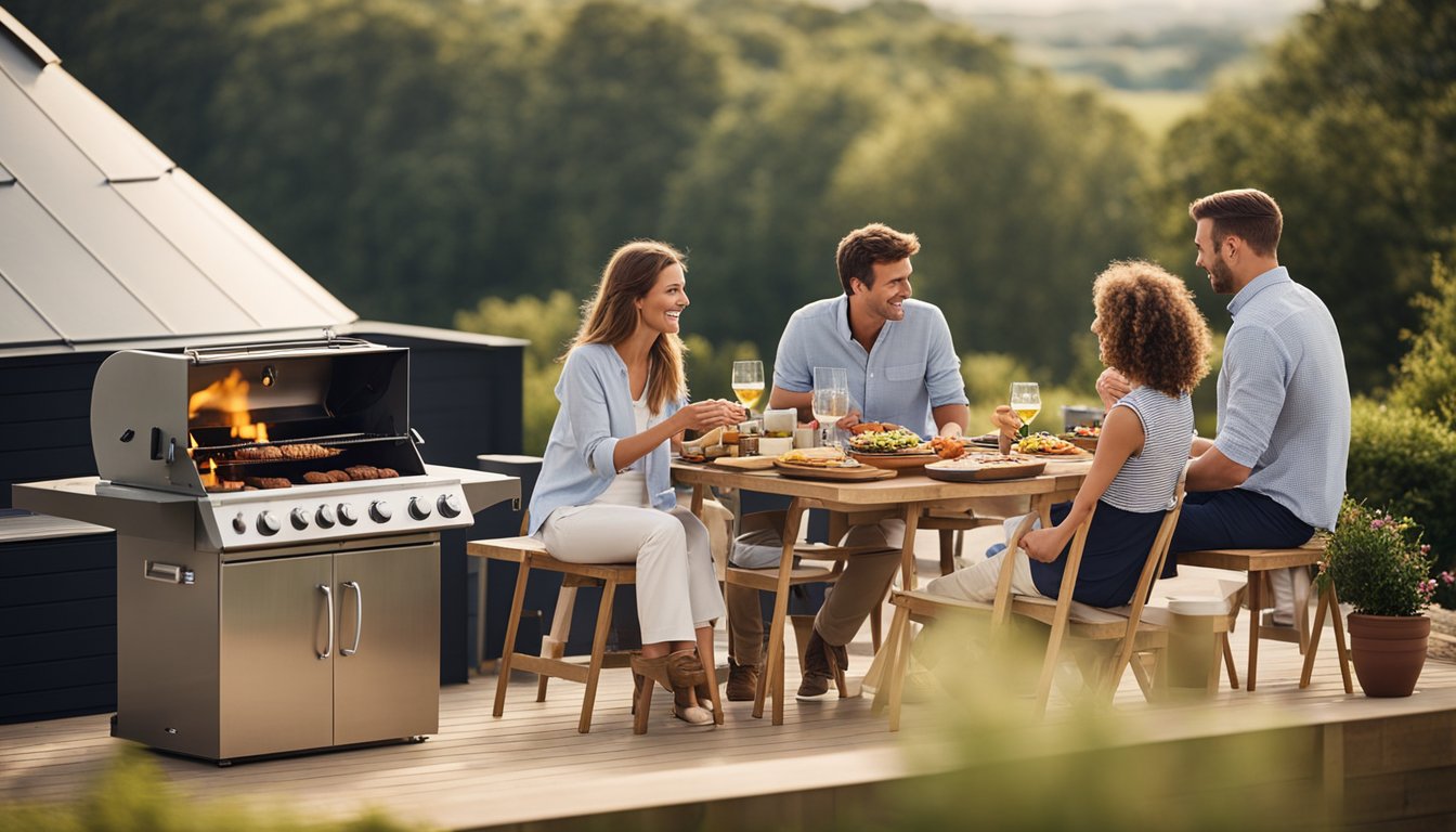 A family enjoying a barbecue on a spacious roof deck with a panoramic view of the UK countryside