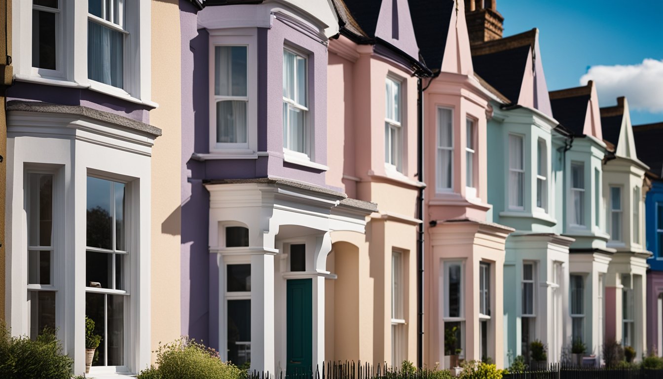 A row of British houses with various exterior paint colors, from pastels to bold hues, under a cloudy sky