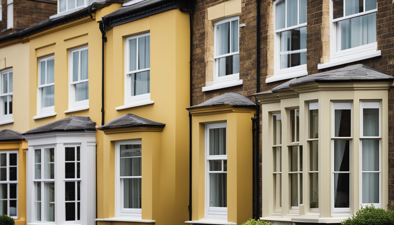 A row of UK homes with varying exterior paint colors, showcasing evolving color trends