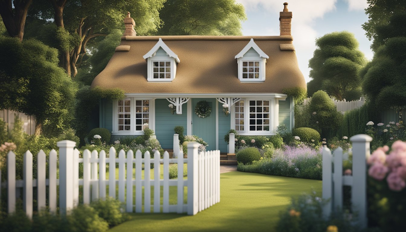 A cozy British cottage with a fresh coat of paint in a trendy exterior color, surrounded by a lush garden and a quaint picket fence