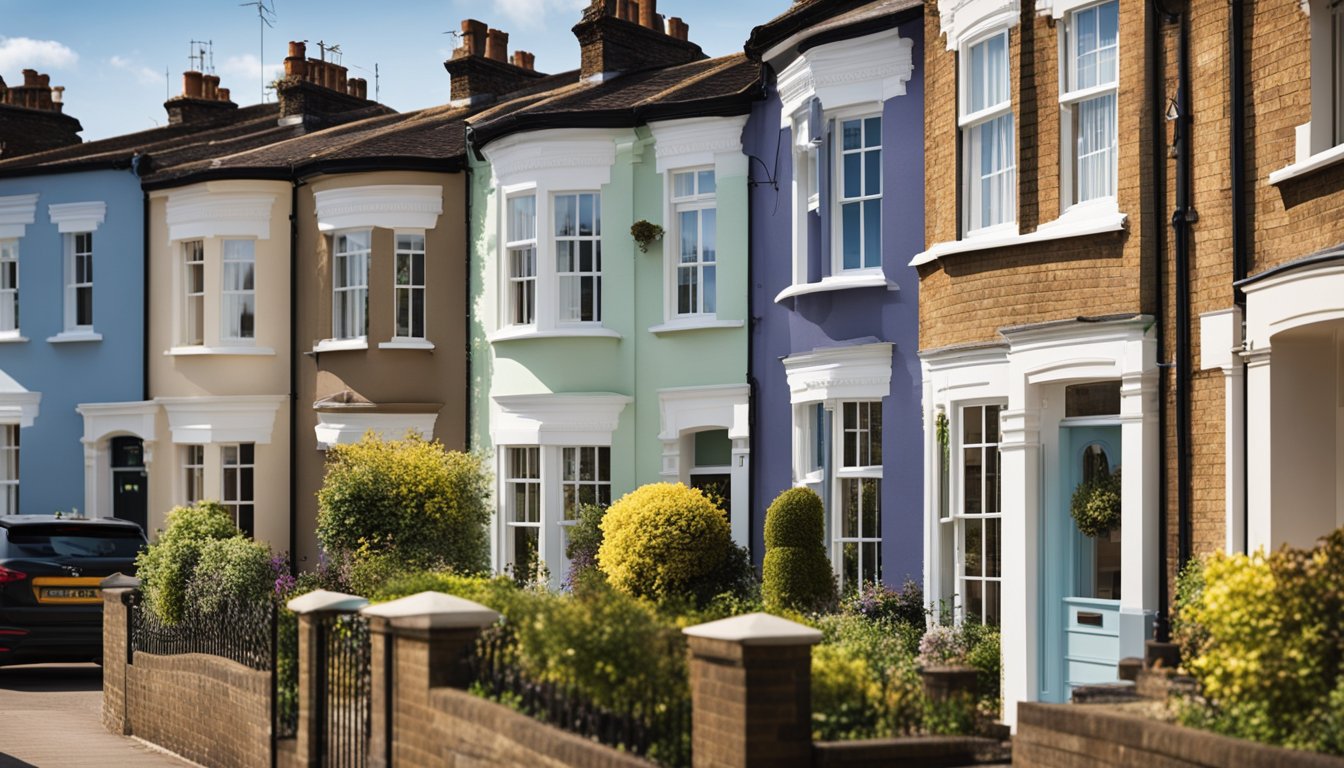 A row of UK homes with various exterior paint colors, showcasing popular trends