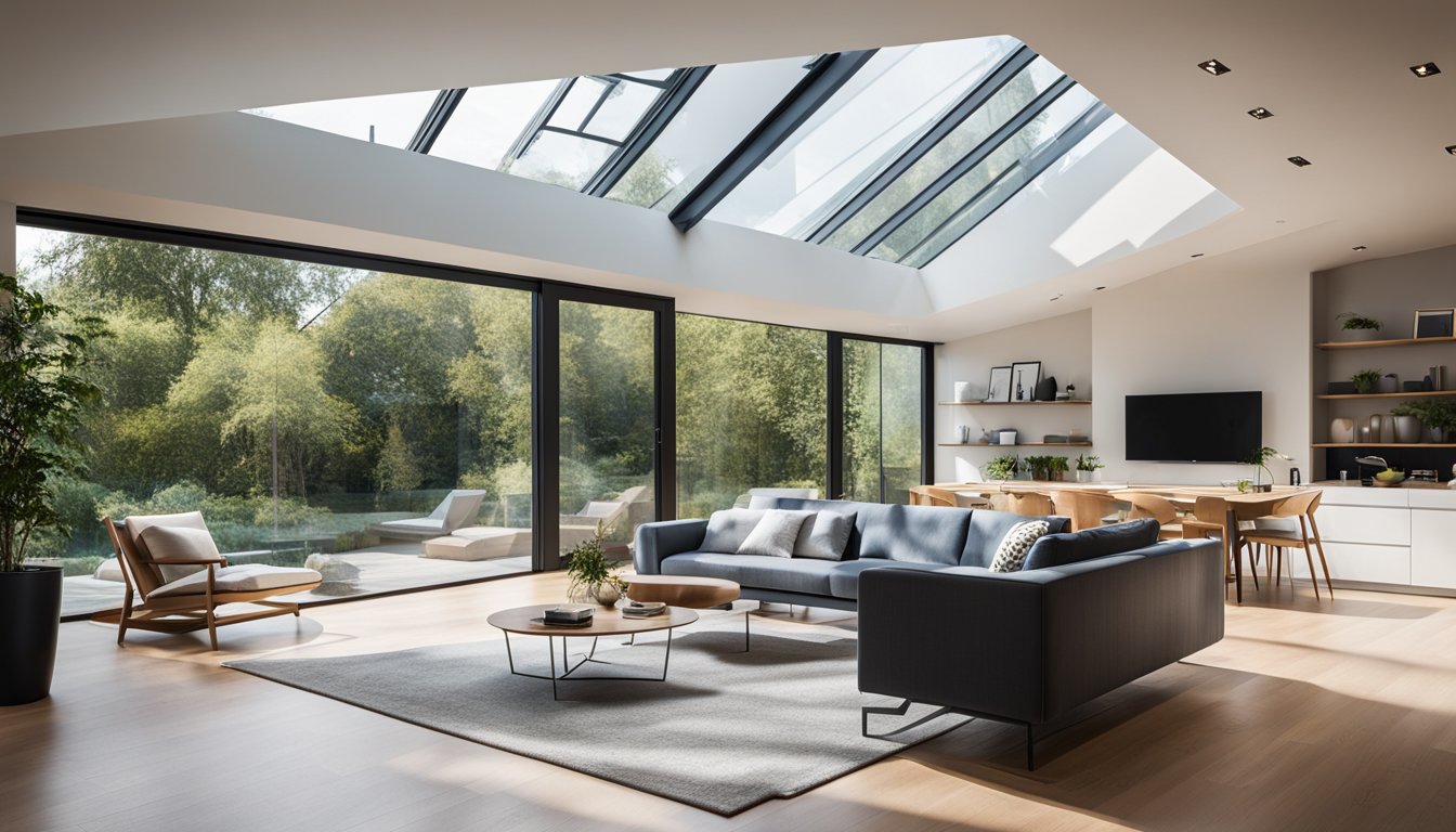 A modern, open-plan living room with large, angled skylights flooding the space with natural light. Glass walls and minimalist furniture enhance the bright, airy atmosphere