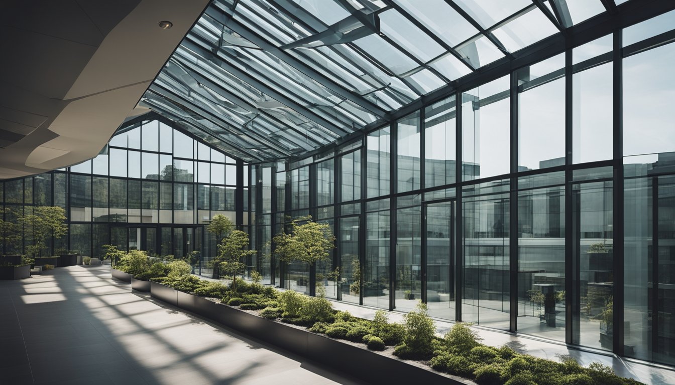 A modern building with large, sloped glass roofs allowing sunlight to flood the interior space. Skylights and strategically placed windows further enhance the natural light