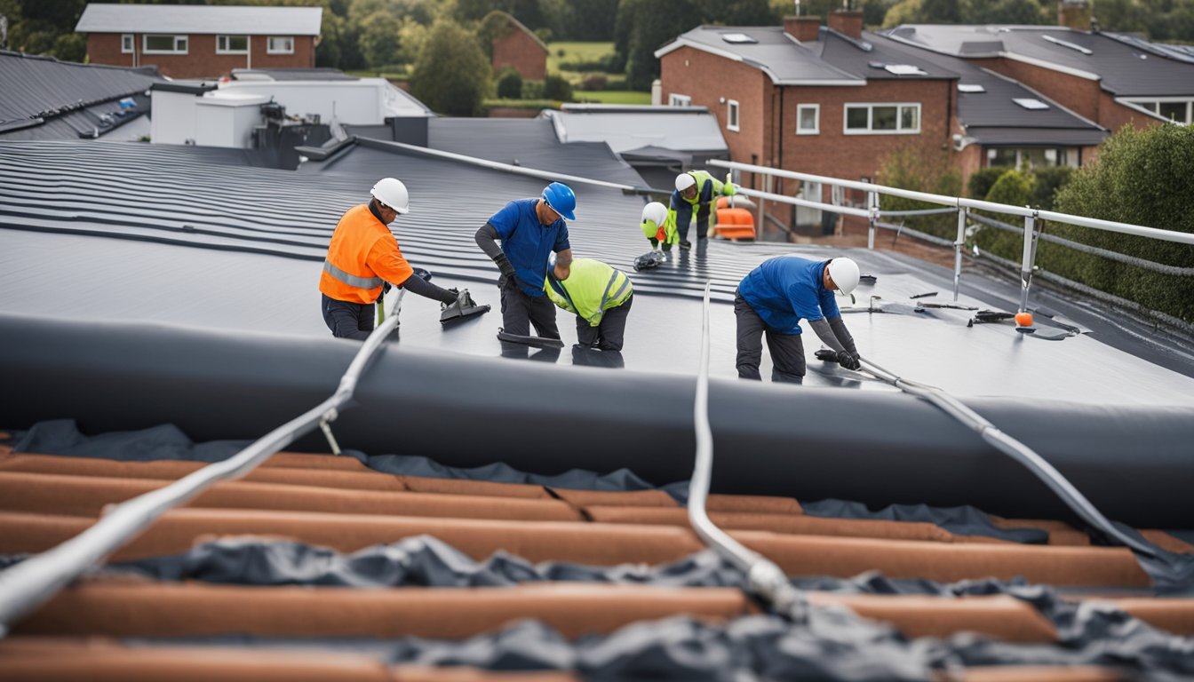 A team of workers applying advanced waterproofing materials to a UK roof, using modern tools and equipment